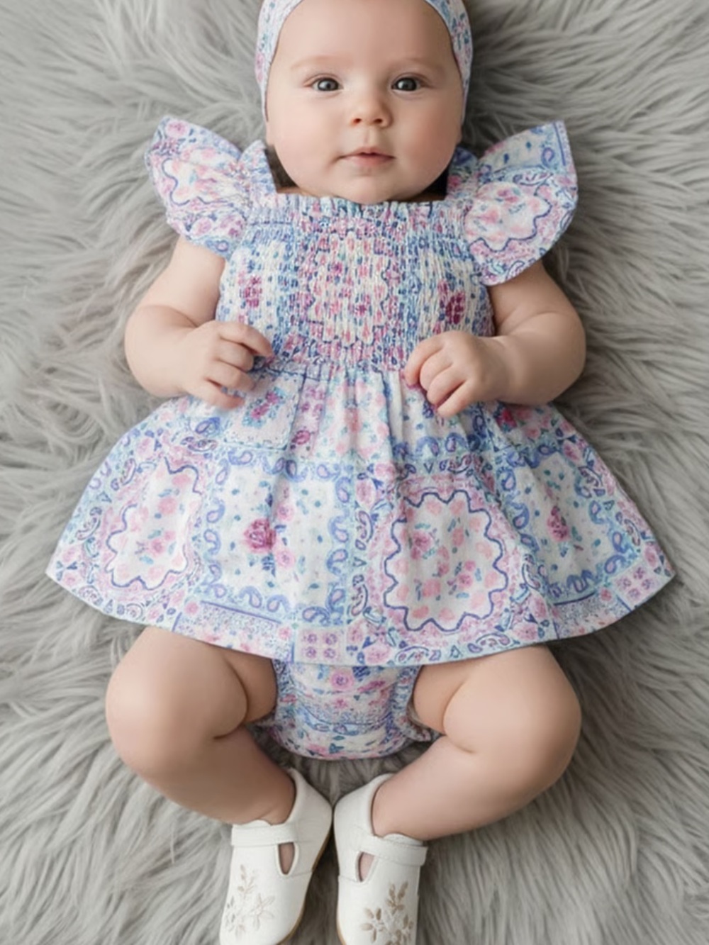 Baby Floral Paisley Smocked Dress with Bloomers | Linen Blend | 24 months